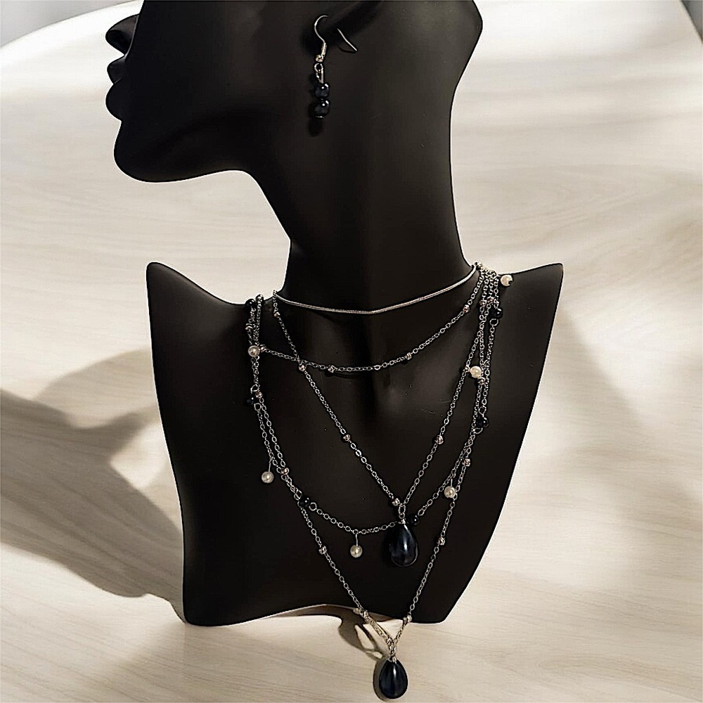 Layered Navy Blue Beaded Necklace with Pearl Silver Chain - OS